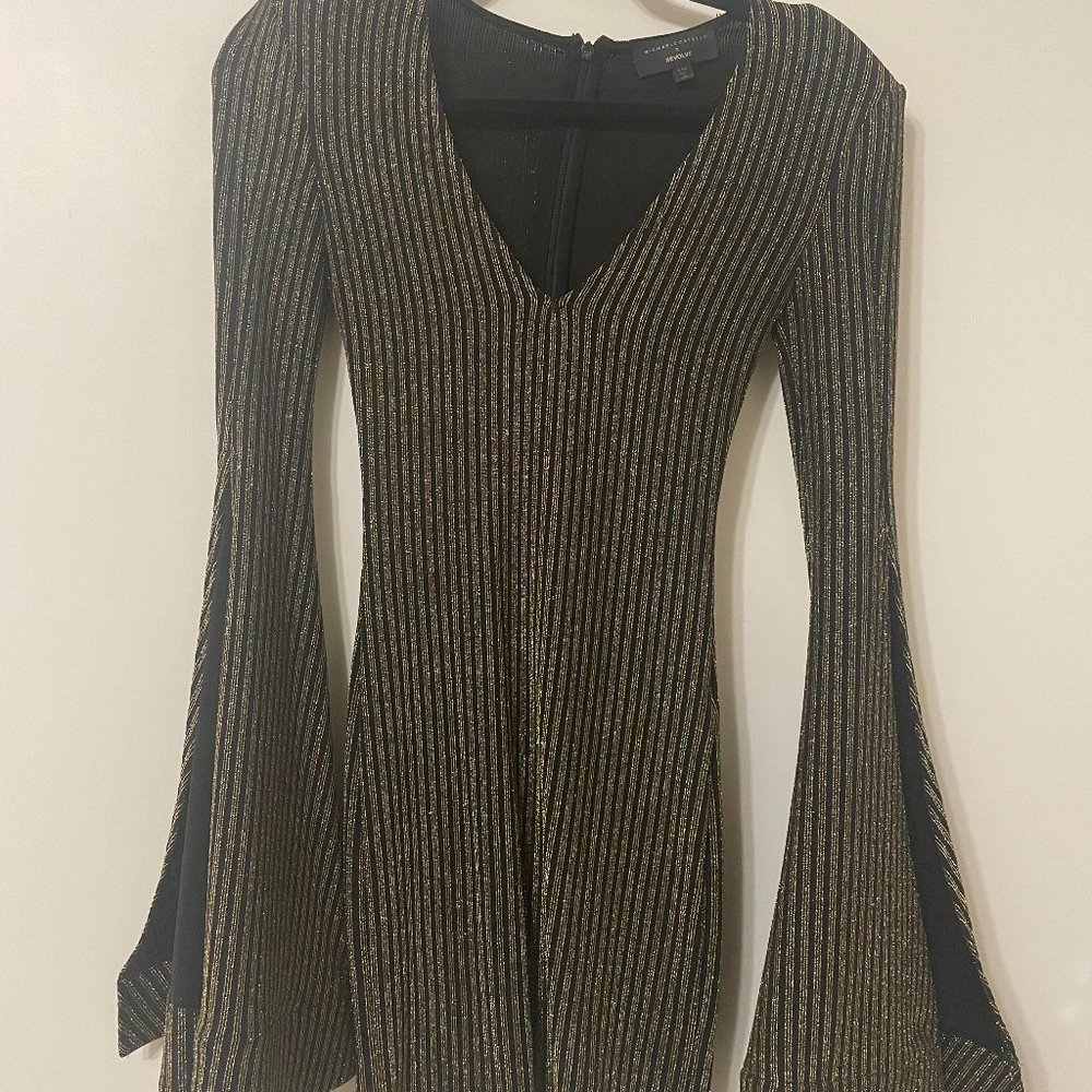 Michael Costello Black and Gold Flared Sleeve Bodycon Dress